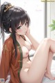 A naked anime girl sitting on a bed next to a window.